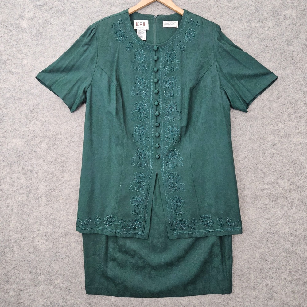 KSL Karin Stevens Dress Women's Green 20W Beaded Embroidered Vintage 2-pc Look